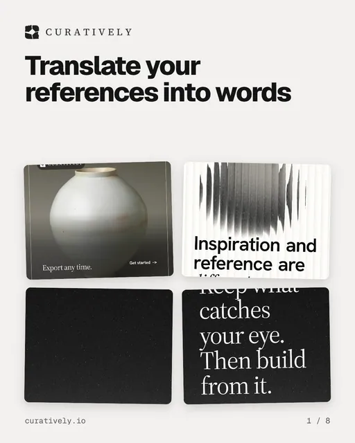 Carousel for Curatively: "Translate your references into words". Collection carousel, 8 slides, light palette.