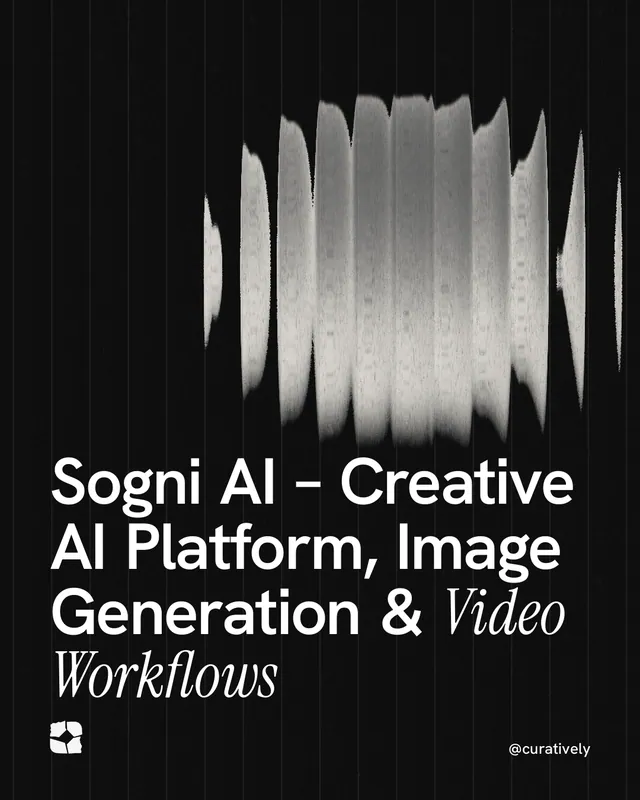Instagram portrait post for Curatively: "Sogni AI – Creative AI Platform, Image Generation & Video Workflows". Auto 4x5 style, technique:shader field layout, dark palette in black, grey.