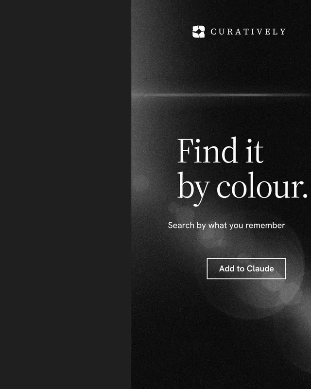 Instagram portrait post for Curatively: "Find it by colour." Dark deco style, right layout, dark palette in black, grey.