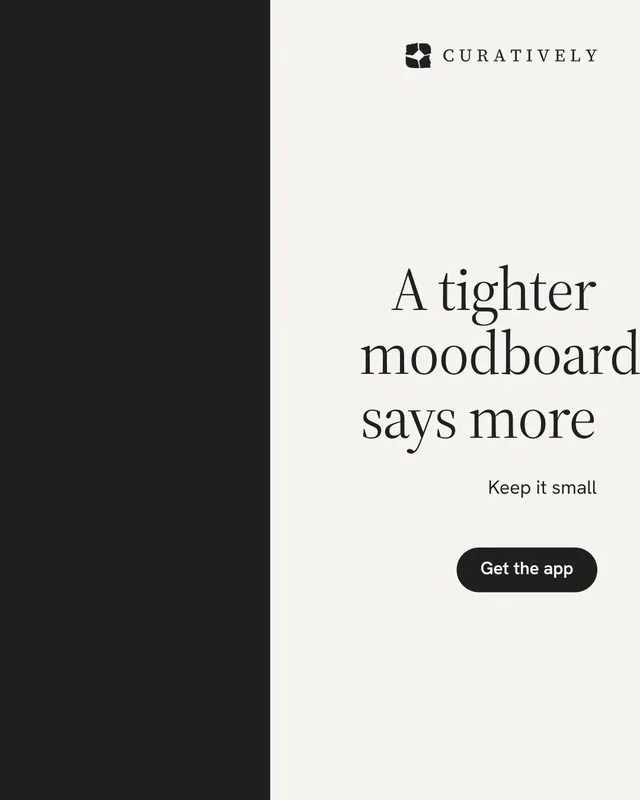 Instagram portrait post for Curatively: "A tighter moodboard says more". Data card style, right layout, light palette in white, black.