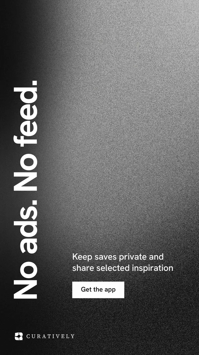Instagram story for Curatively: "No ads. No feed." Swiss style, vertical layout, dark palette in black, grey.