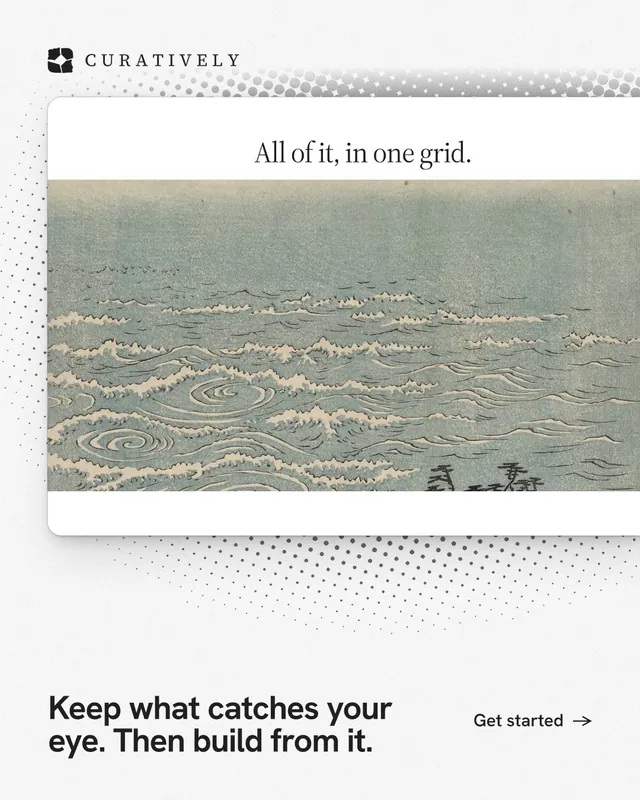 Instagram portrait post for Curatively: "Keep what catches your eye. Then build from it." Swiss style, image led layout, light palette in grey, white.