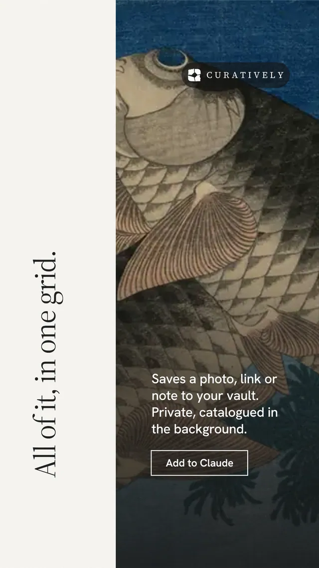 Instagram story for Curatively: "All of it, in one grid." Editorial style, vertical layout, light palette in white, black, grey.