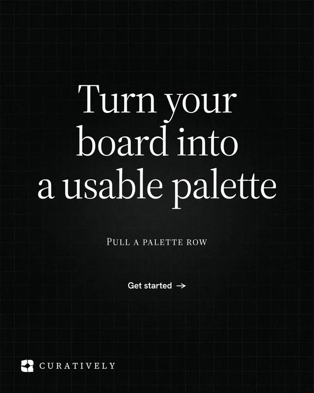 Instagram portrait post for Curatively: "Turn your board into a usable palette". Phosphor atlas style, smallcaps layout, dark palette in black, grey.
