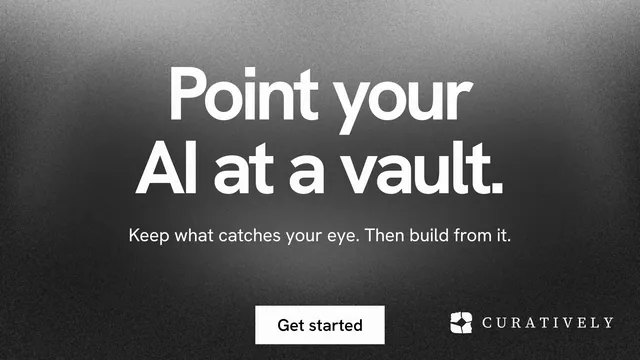 Landscape graphic for Curatively: "Point your AI at a vault." Swiss style, centred layout, dark palette in grey, black.