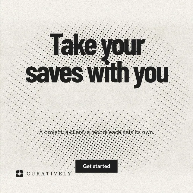 Instagram post for Curatively: "Take your saves with you". Ink sticker style, centred layout, light palette in white, yellow, grey.