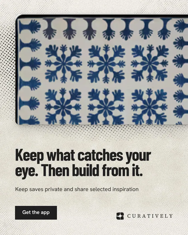 Instagram portrait post for Curatively: "Keep what catches your eye. Then build from it." Ink sticker style, bottom layout, light palette in blue, yellow, grey.