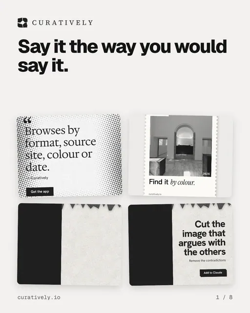 Carousel for Curatively: "Say it the way you would say it.". Collection carousel, 8 slides, light palette.