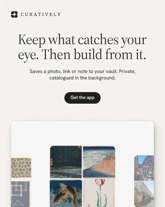 Instagram portrait post for Curatively: "Keep what catches your eye. Then build from it." Data card style, centred layout, light palette in white, grey.