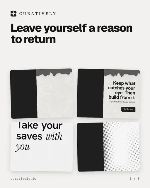 Carousel for Curatively: "Leave yourself a reason to return". Collection carousel, 8 slides, light palette.