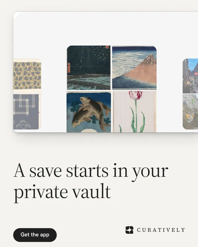 Instagram portrait post for Curatively: "A save starts in your private vault". Data card style, bottom layout, light palette in white, grey.