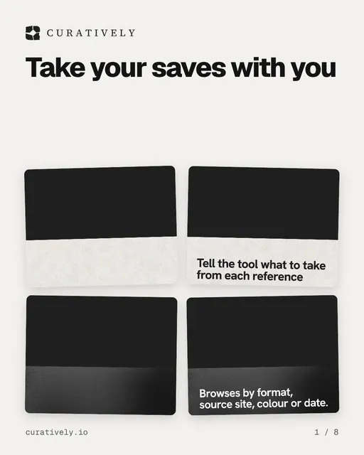 Carousel for Curatively: "Take your saves with you". Collection carousel, 8 slides, light palette.