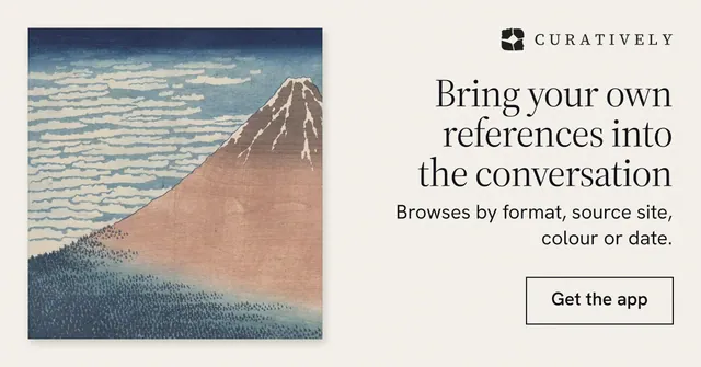 Social ad for Curatively: "Bring your own references into the conversation". Editorial style, right layout, light palette in grey, white.