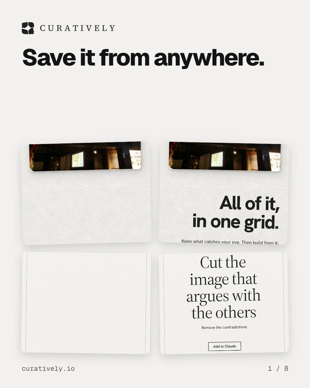 Carousel for Curatively: "Save it from anywhere.". Collection carousel, 8 slides, light palette.