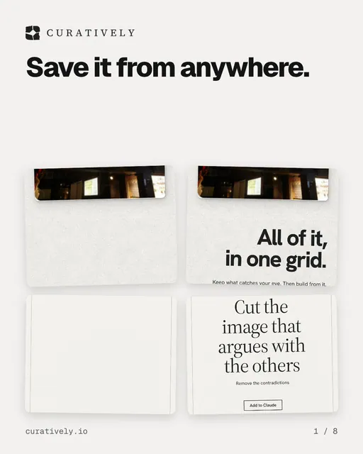 Carousel for Curatively: "Save it from anywhere.". Collection carousel, 8 slides, light palette.