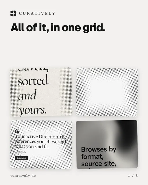 Carousel for Curatively: "All of it, in one grid.". Collection carousel, 8 slides, light palette.