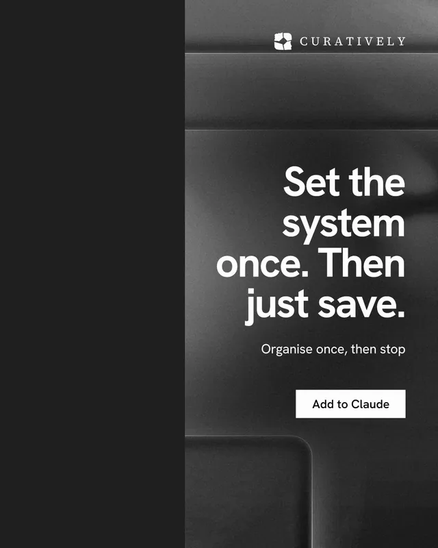 Instagram portrait post for Curatively: "Set the system once. Then just save." Swiss style, right layout, dark palette in black, grey.