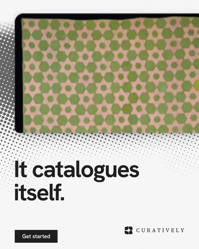 Instagram portrait post for Curatively: "It catalogues itself." Swiss style, bottom layout, light palette in white, yellow, grey.