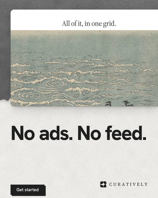 Instagram portrait post for Curatively: "No ads. No feed." Paper trio style, bottom layout, light palette in grey, white.
