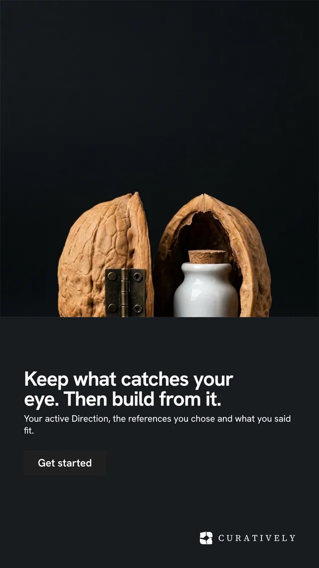 Instagram story for Curatively: "Keep what catches your eye. Then build from it." Swiss style, bottom layout, dark palette in black, grey.