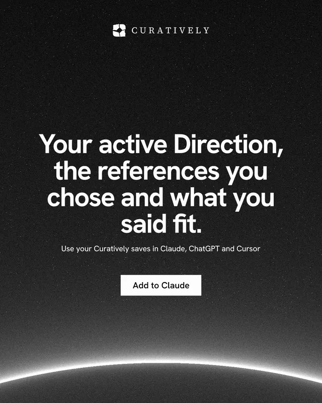 Instagram portrait post for Curatively: "Your active Direction, the references you chose and what you said fit." Swiss style, centred layout, dark palette in black, grey.