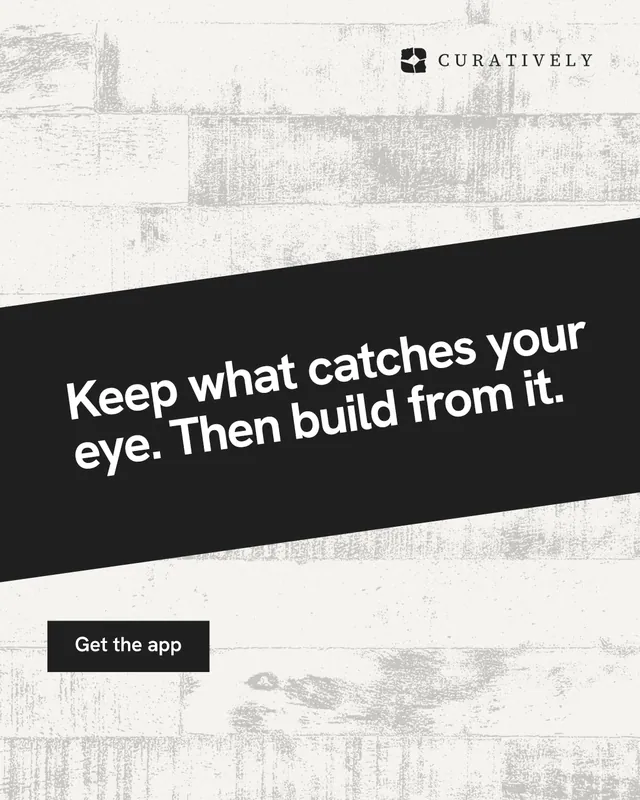 Instagram portrait post for Curatively: "Keep what catches your eye. Then build from it." Swiss style, diagonal layout, light palette in white, black, grey.