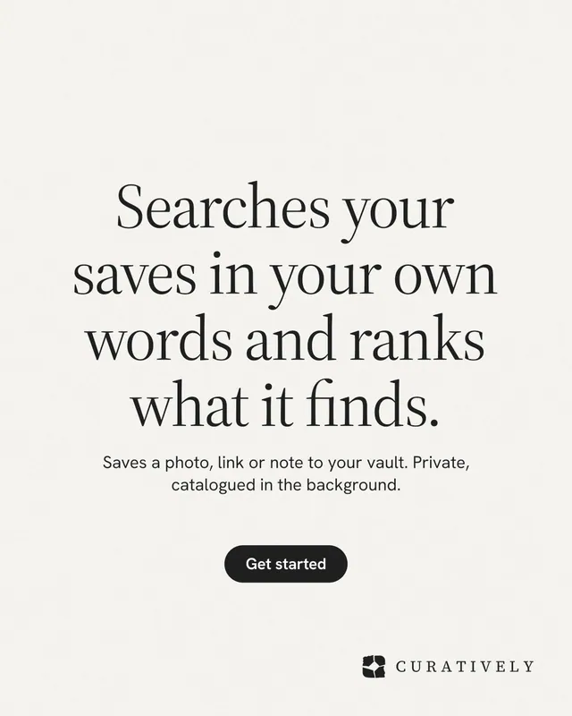 Instagram portrait post for Curatively: "Searches your saves in your own words and ranks what it finds." Data card style, centred layout, light palette in white.