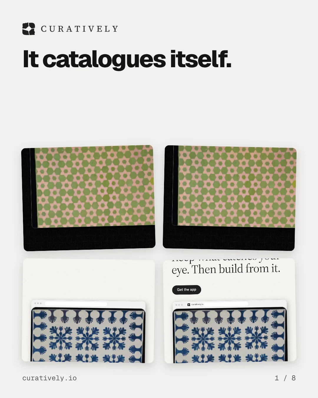 Carousel for Curatively: "It catalogues itself.". Collection carousel, 8 slides, light palette.