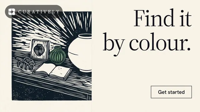 Landscape graphic for Curatively: "Find it by colour." Editorial style, right layout, light palette in white, grey.