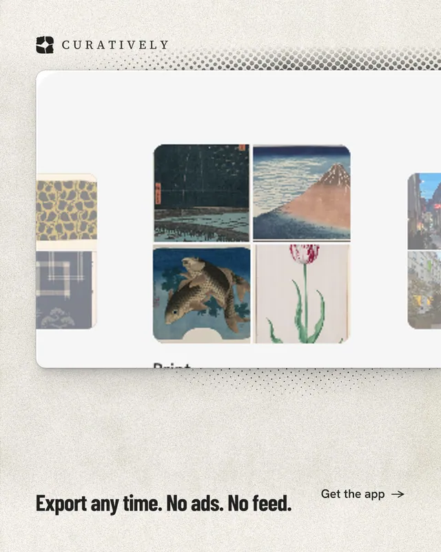 Instagram portrait post for Curatively: "Export any time. No ads. No feed." Ink sticker style, image led layout, light palette in yellow, white, grey.