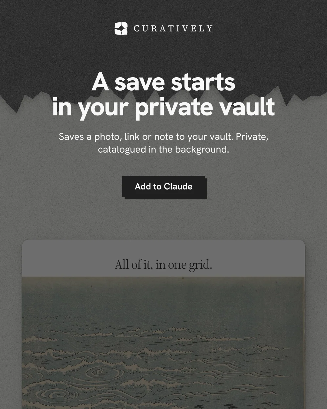 Instagram portrait post for Curatively: "A save starts in your private vault". Paper trio style, centred layout, dark palette in grey, black.