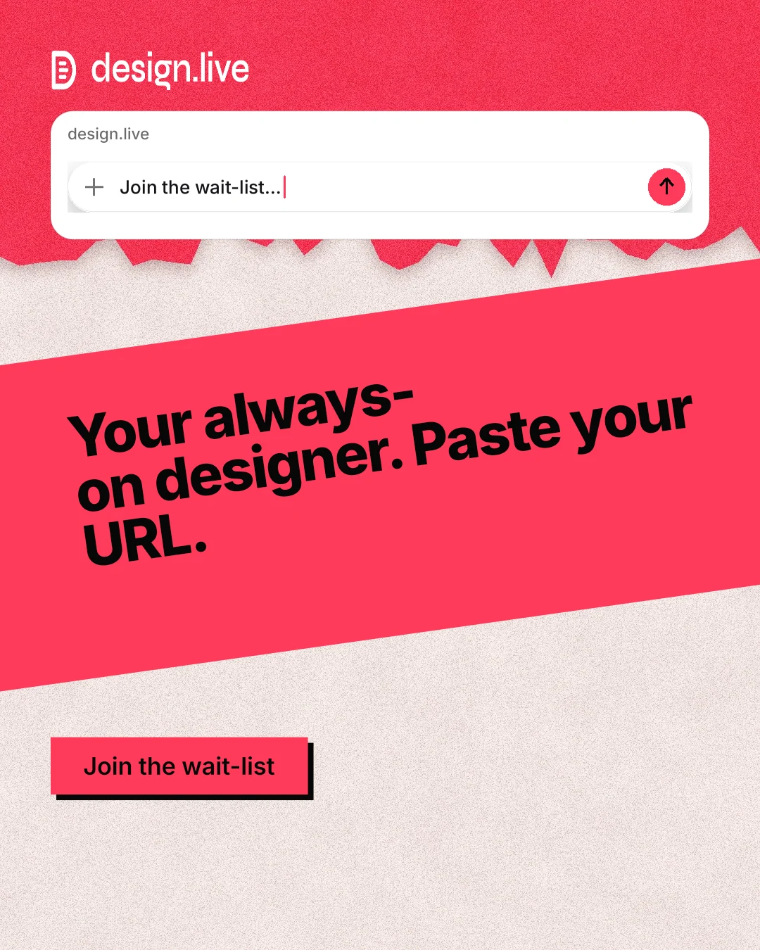 Instagram portrait post for design.live: "Your always-on designer. Paste your URL." Paper trio style, diagonal layout, light palette in red, orange, white.