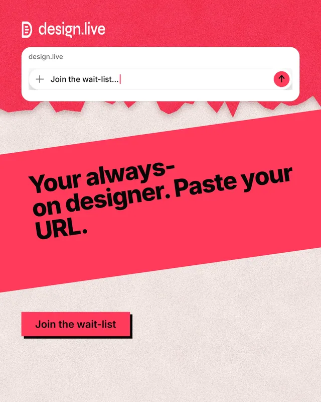 Instagram portrait post for design.live: "Your always-on designer. Paste your URL." Paper trio style, diagonal layout, light palette in red, orange, white.