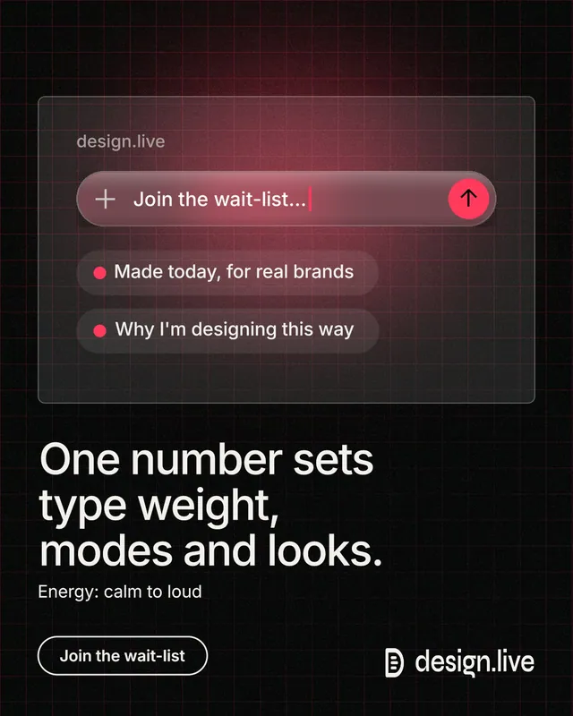 Instagram portrait post for design.live: "One number sets type weight, modes and looks." Phosphor atlas style, bottom layout, dark palette in black, grey.