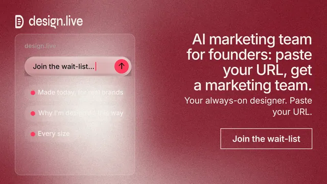 Landscape graphic for design.live: "AI marketing team for founders: paste your URL, get a marketing team." Cyanotype style, right layout, dark palette in red.