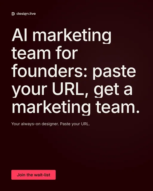 Video for design.live: "AI marketing team for founders: paste your URL, get a marketing team.". Doc motion loop, 8.0 s, dark palette.