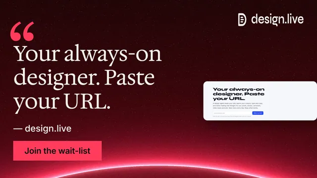 Landscape graphic for design.live: "Your always-on designer. Paste your URL." Swiss style, quote layout, dark palette in black, red, grey.