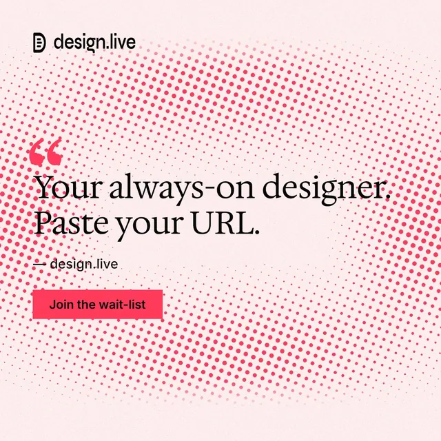 Instagram post for design.live: "Your always-on designer. Paste your URL." Swiss style, quote layout, light palette in red, white.