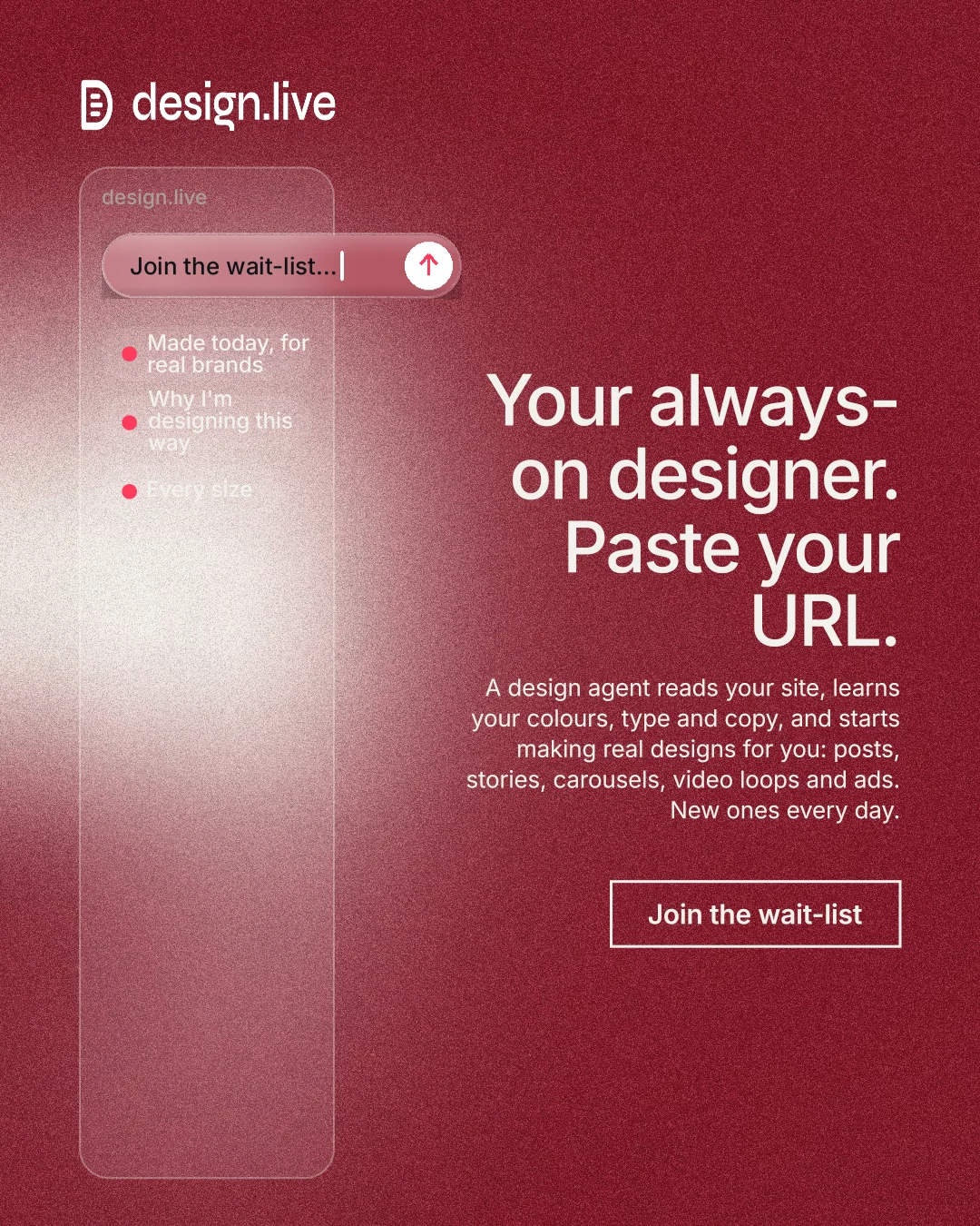 Instagram portrait post for design.live: "Your always-on designer. Paste your URL." Cyanotype style, right layout, dark palette in red.