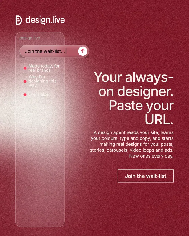 Instagram portrait post for design.live: "Your always-on designer. Paste your URL." Cyanotype style, right layout, dark palette in red.