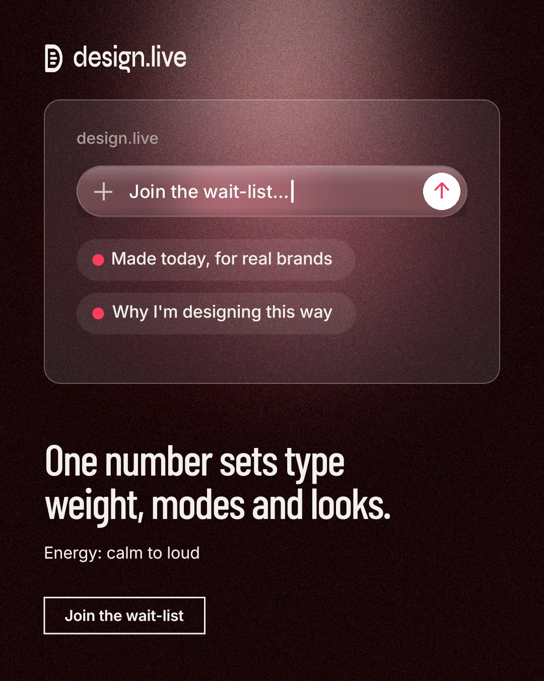 Instagram portrait post for design.live: "One number sets type weight, modes and looks." Dark deco style, bottom layout, dark palette in black, red, grey.