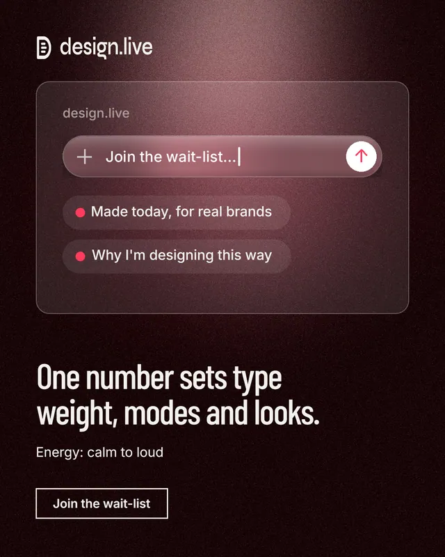 Instagram portrait post for design.live: "One number sets type weight, modes and looks." Dark deco style, bottom layout, dark palette in black, red, grey.