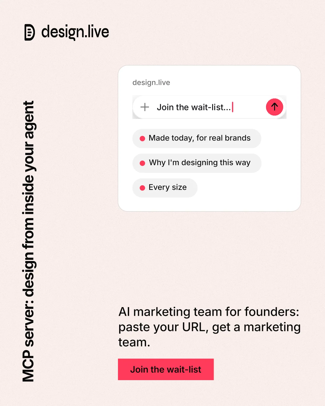 Instagram portrait post for design.live: "MCP server: design from inside your agent". Swiss style, vertical layout, light palette in white, red.