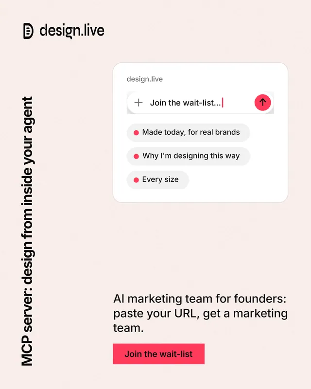 Instagram portrait post for design.live: "MCP server: design from inside your agent". Swiss style, vertical layout, light palette in white, red.