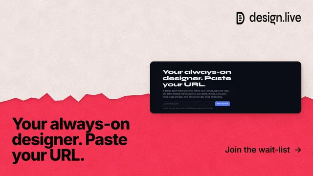 Landscape graphic for design.live: "Your always-on designer. Paste your URL." Paper trio style, image led layout, light palette in red, orange.