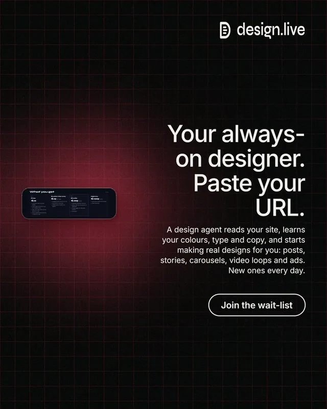 Instagram portrait post for design.live: "Your always-on designer. Paste your URL." Phosphor atlas style, right layout, dark palette in black, red.
