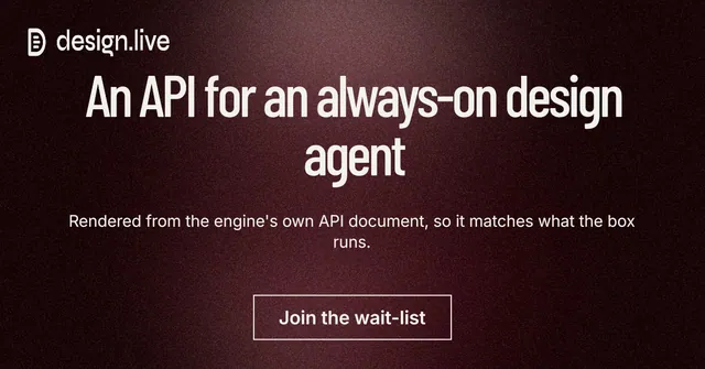 Social ad for design.live: "An API for an always-on design agent". Dark deco style, centred layout, dark palette in black, red, grey.