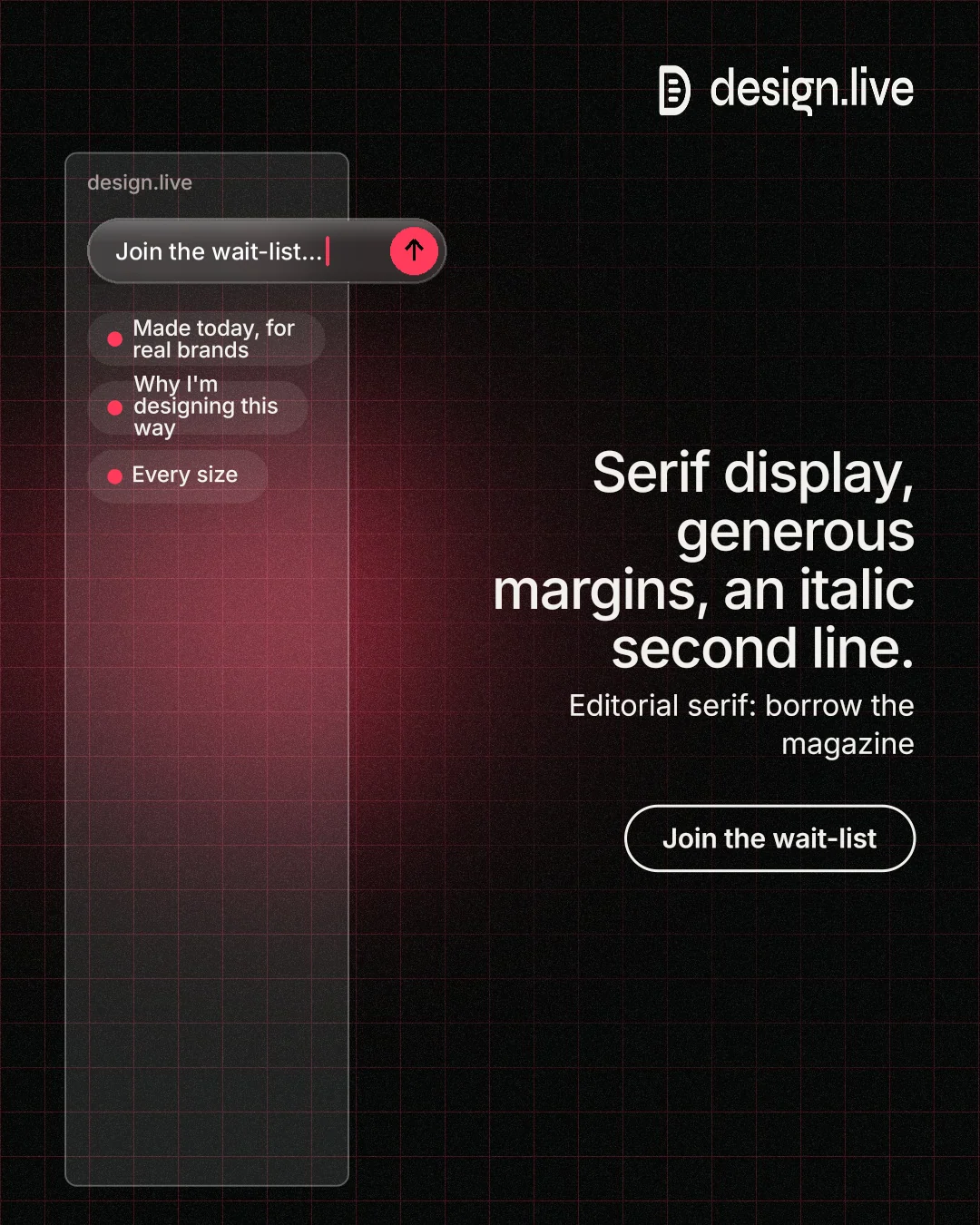 Instagram portrait post for design.live: "Serif display, generous margins, an italic second line." Phosphor atlas style, right layout, dark palette in black, grey.