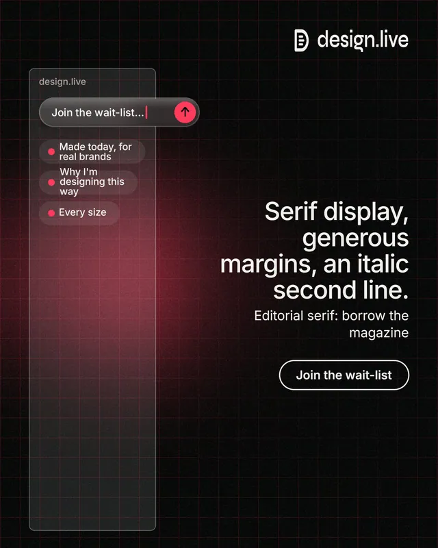 Instagram portrait post for design.live: "Serif display, generous margins, an italic second line." Phosphor atlas style, right layout, dark palette in black, grey.