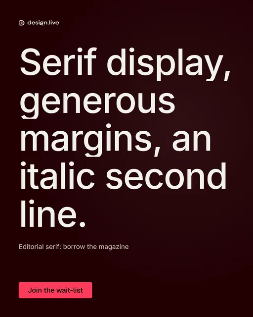 Video for design.live: "Serif display, generous margins, an italic second line.". Kinetic type grid, 7.0 s, dark palette.